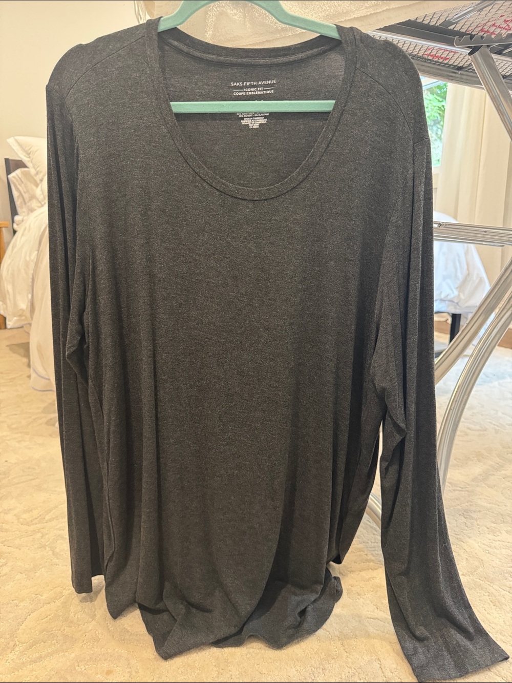 Saks Fifth Avenue Dark Charcoal Gray Long Sleeve Scoop Neck Top